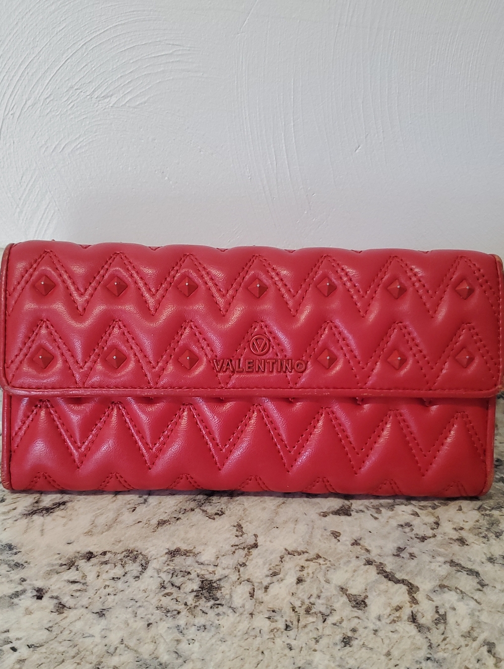 VALENTINO Red Quilted Leather Wallet Clutch
